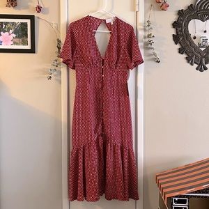 Red button down polka dot mermaid hem dress